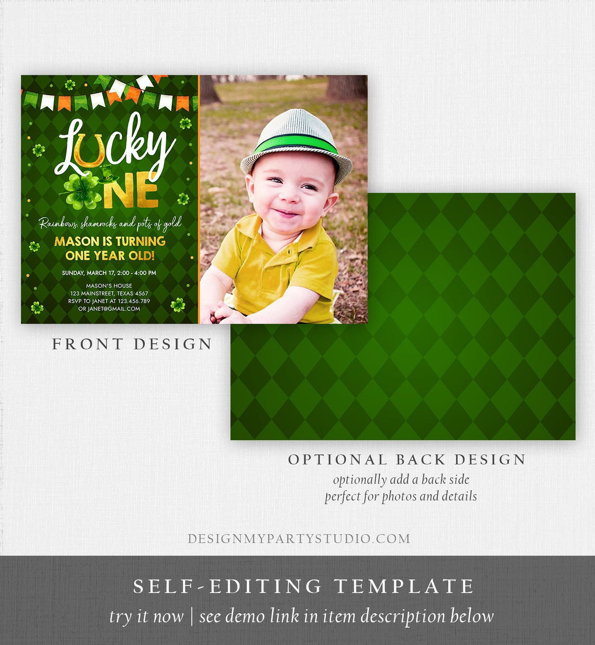 Editable Lucky One Birthday Invitation St. Patrick&#39;s Day First Birthday 1st Boy Shamrock Clover Download Corjl Template Printable 0379