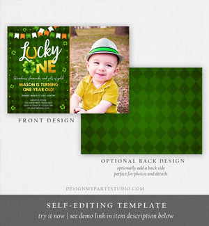 Editable Lucky One Birthday Invitation St. Patrick's Day First Birthday 1st Boy Shamrock Clover Download Corjl Template Printable 0379