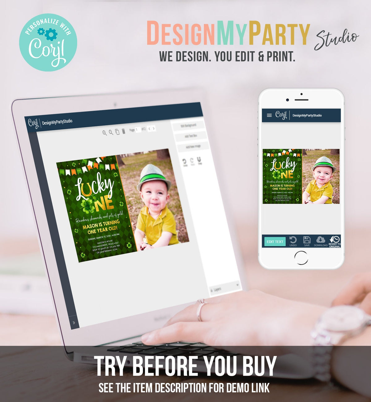 Editable Lucky One Birthday Invitation St. Patrick&#39;s Day First Birthday 1st Boy Shamrock Clover Download Corjl Template Printable 0379