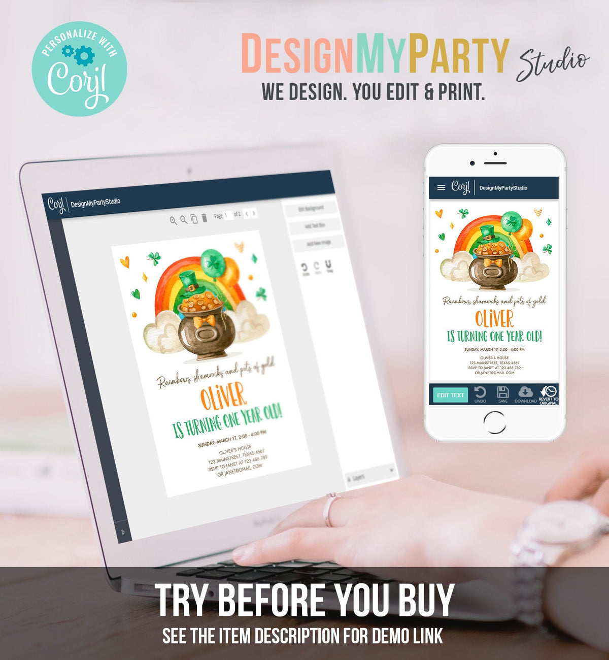 Editable Lucky One Birthday Invitation St. Patrick&amp;#39;s Day First Birthday 1st Boy Shamrock Clover Download Corjl Template Printable 0380