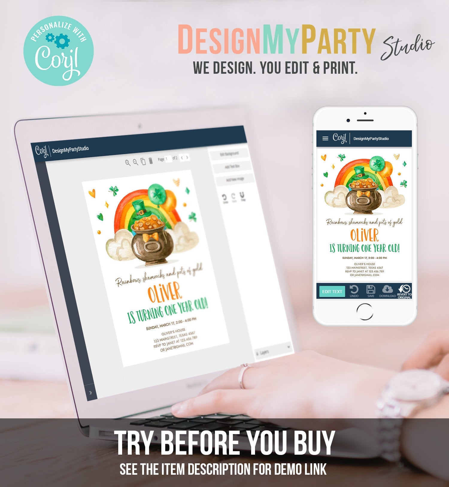 Editable Lucky One Birthday Invitation St. Patrick's Day First Birthday 1st Boy Shamrock Clover Download Corjl Template Printable 0380