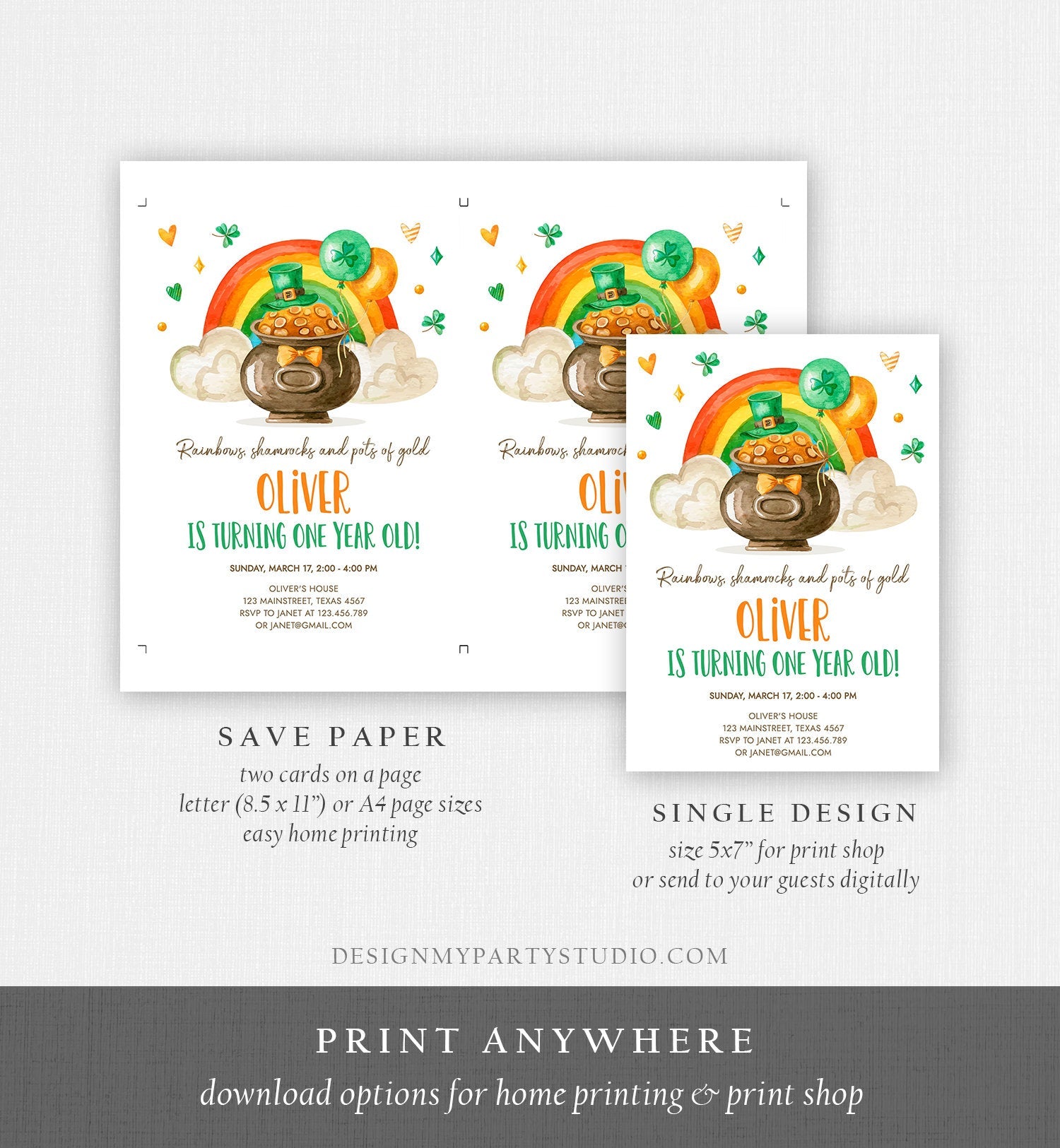 Editable Lucky One Birthday Invitation St. Patrick's Day First Birthday 1st Boy Shamrock Clover Download Corjl Template Printable 0380