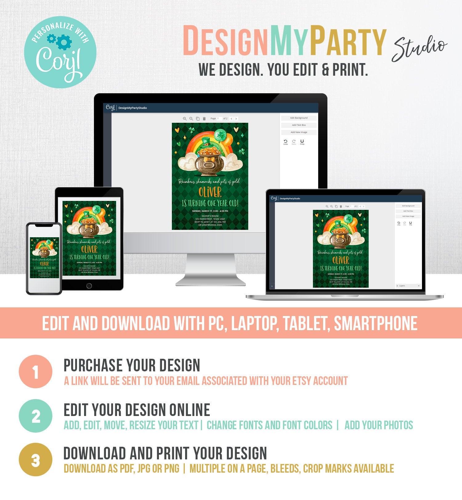 Editable Lucky One Birthday Invitation St. Patrick's Day First Birthday 1st Boy Shamrock Clover Download Corjl Template Printable 0380