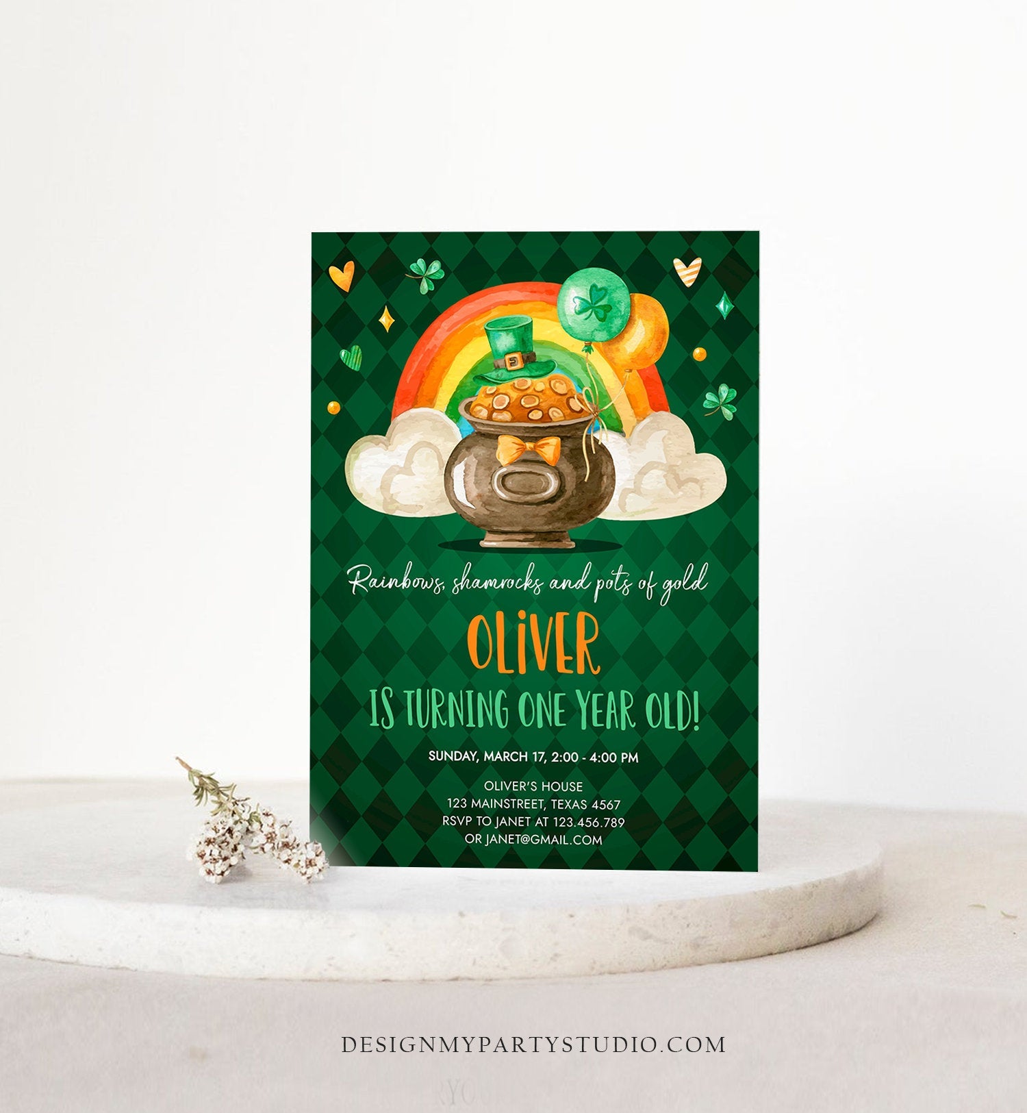 Editable Lucky One Birthday Invitation St. Patrick's Day First Birthday 1st Boy Shamrock Clover Download Corjl Template Printable 0380