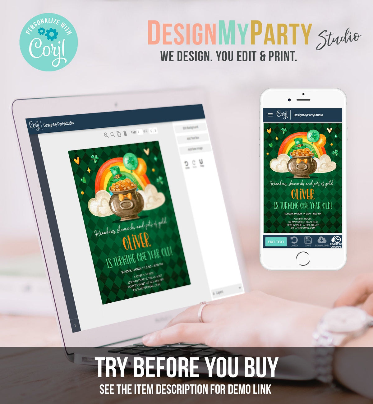 Editable Lucky One Birthday Invitation St. Patrick&amp;#39;s Day First Birthday 1st Boy Shamrock Clover Download Corjl Template Printable 0380