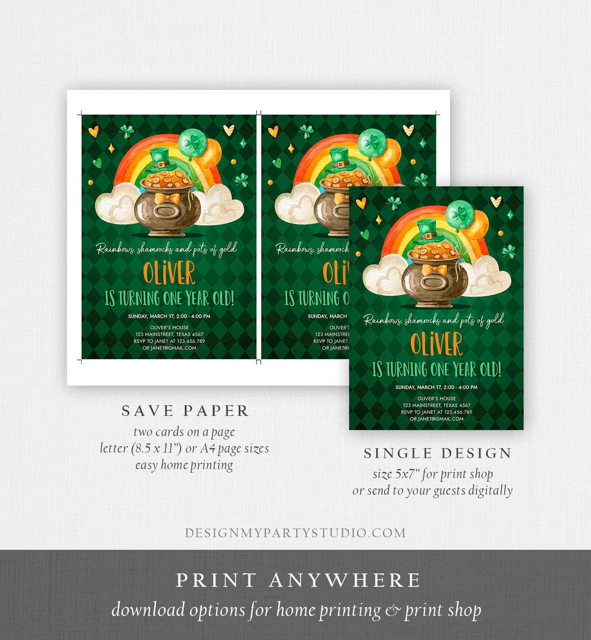 Editable Lucky One Birthday Invitation St. Patrick&amp;#39;s Day First Birthday 1st Boy Shamrock Clover Download Corjl Template Printable 0380