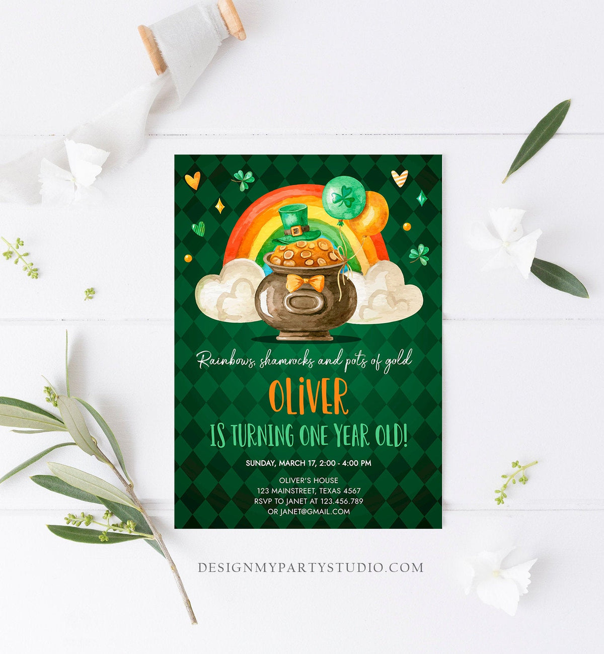 Editable Lucky One Birthday Invitation St. Patrick&amp;#39;s Day First Birthday 1st Boy Shamrock Clover Download Corjl Template Printable 0380