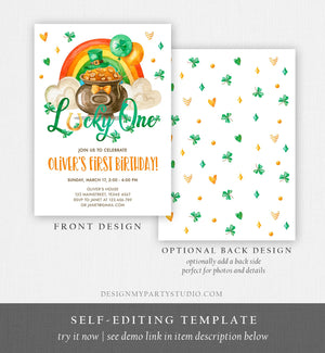 Editable Lucky One Birthday Invitation St. Patrick's Day First Birthday 1st Boy Shamrock Clover Download Corjl Template Printable 0380
