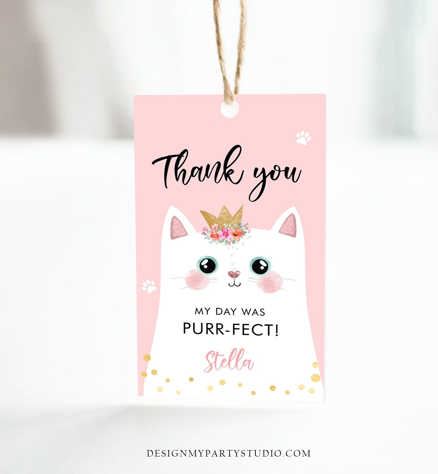 Editable Kitten Birthday Favor Tags Kitty Birthday Thank you Label Cat Party Gift tags Girl Pink Purr-fect Template Corjl PRINTABLE 0381