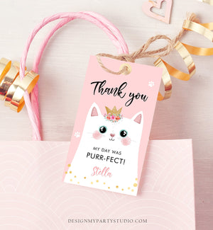 Editable Kitten Birthday Favor Tags Kitty Birthday Thank you Label Cat Party Gift tags Girl Pink Purr-fect Template Corjl PRINTABLE 0381