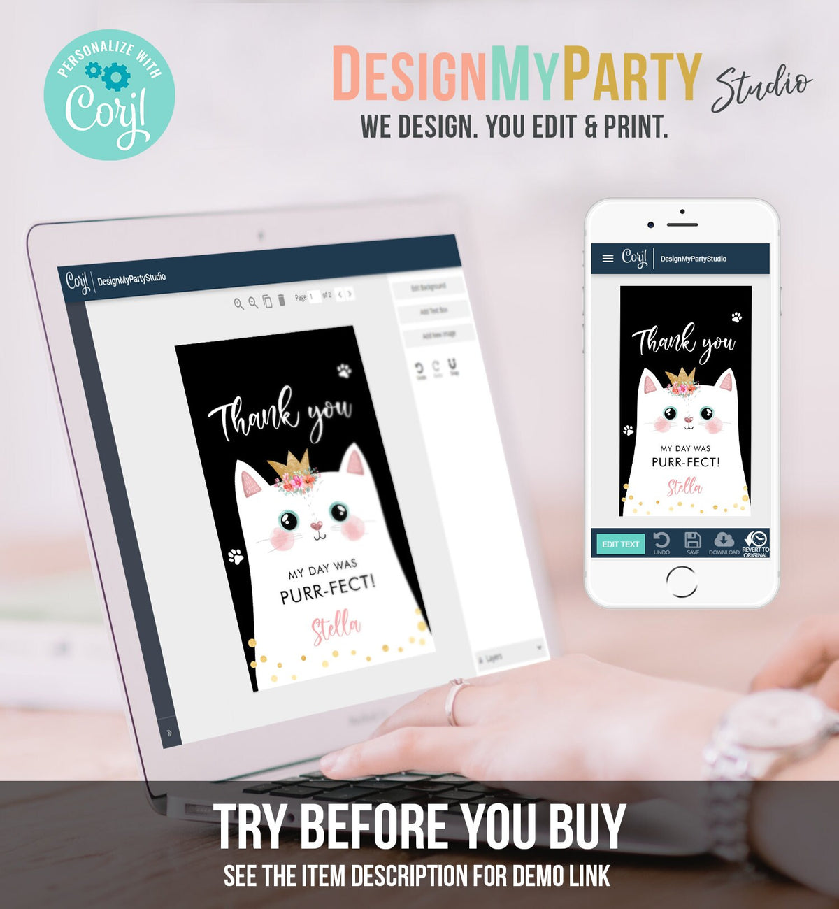 Editable Kitten Birthday Favor Tags Kitty Birthday Thank you Label Cat Party Gift tags Girl Black Purrfect Template Corjl PRINTABLE 0381