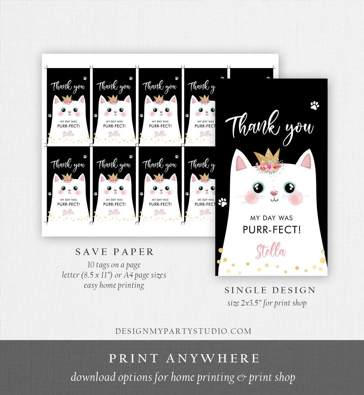 Editable Kitten Birthday Favor Tags Kitty Birthday Thank you Label Cat Party Gift tags Girl Black Purrfect Template Corjl PRINTABLE 0381