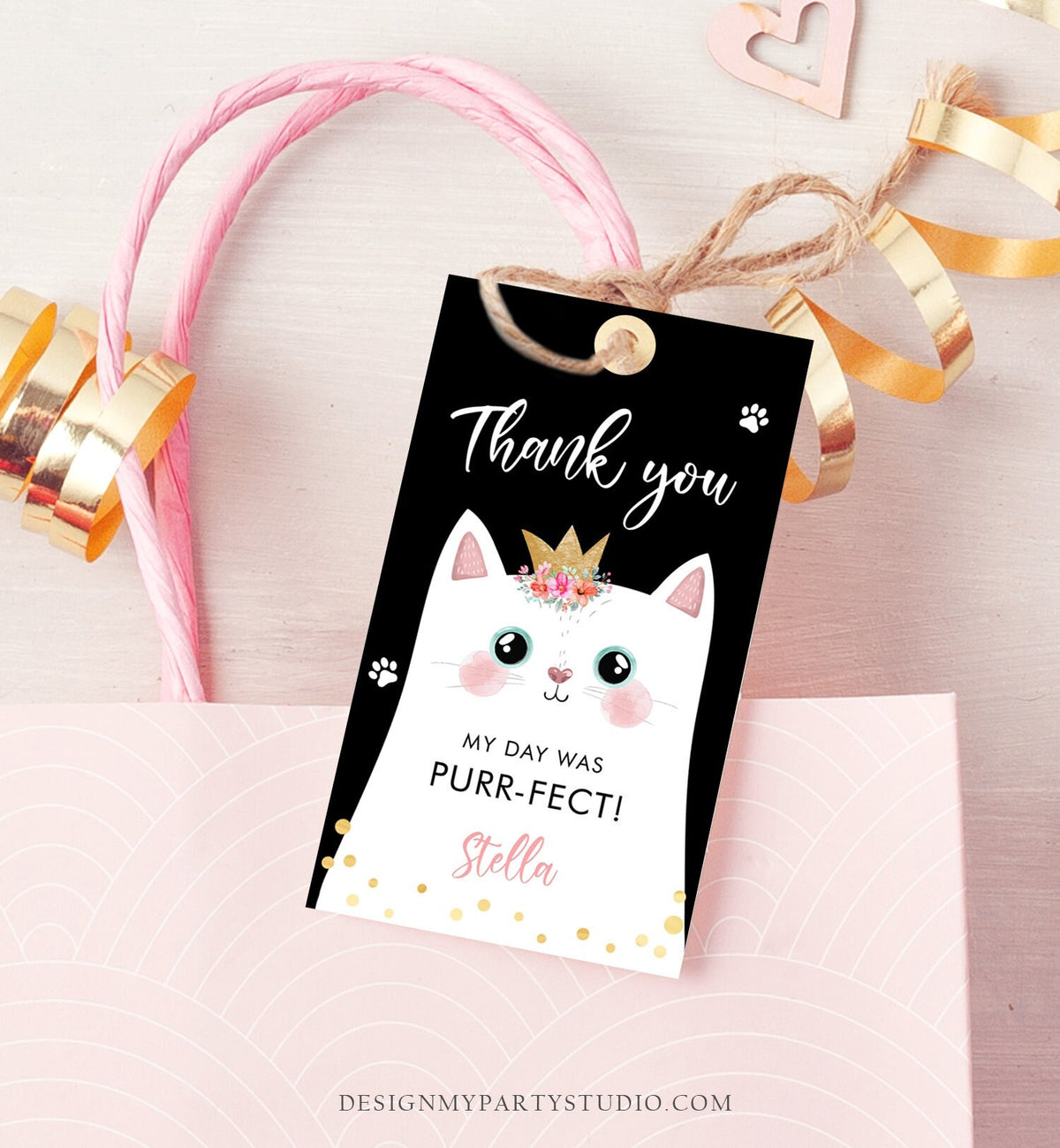Editable Kitten Birthday Favor Tags Kitty Birthday Thank you Label Cat Party Gift tags Girl Black Purrfect Template Corjl PRINTABLE 0381