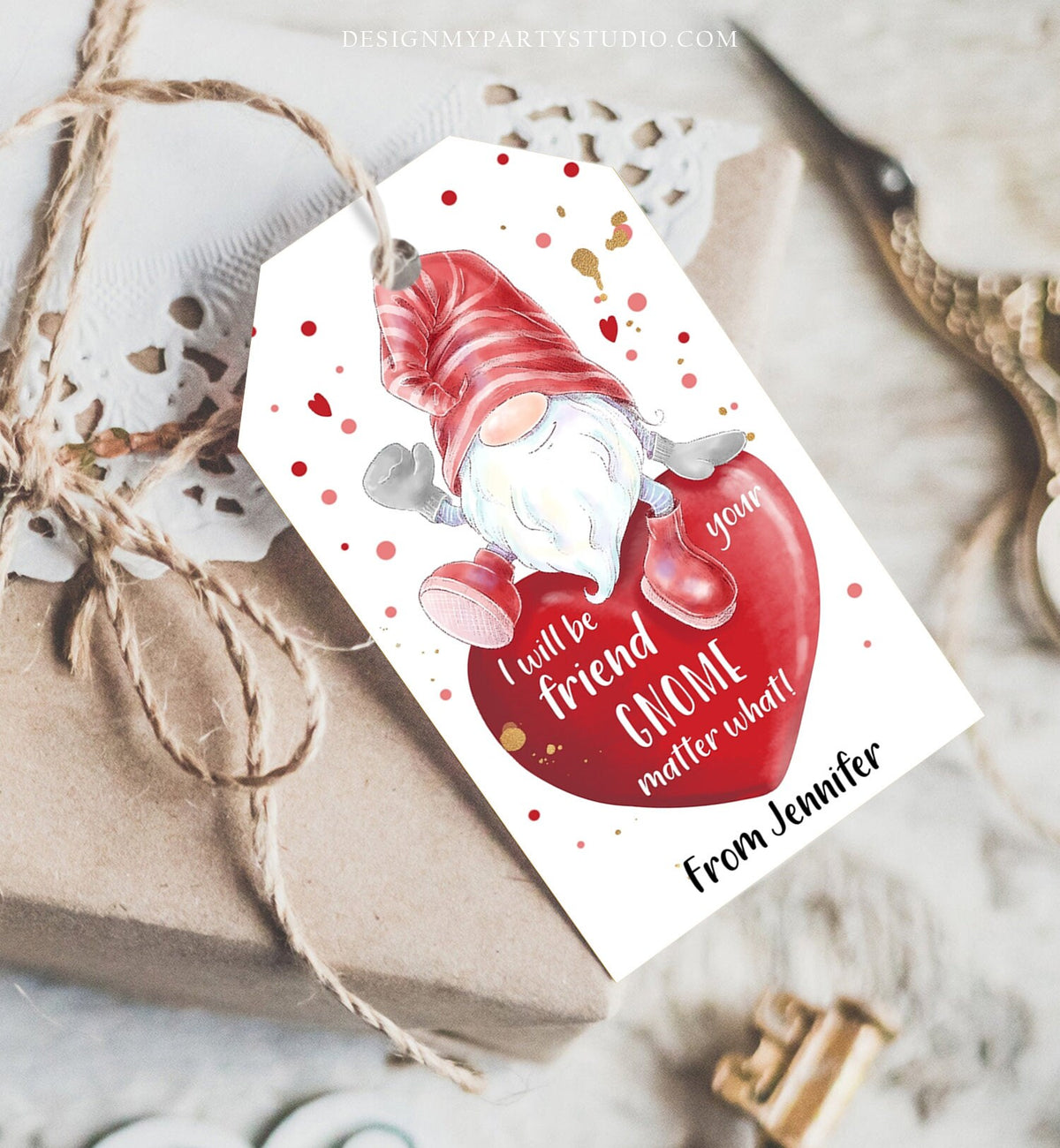 Editable Gnome Valentine Tag Valentine Cards for Kids School Valentine Class Valentine&#39;s Day Instant Download Printable Template Corjl 0370