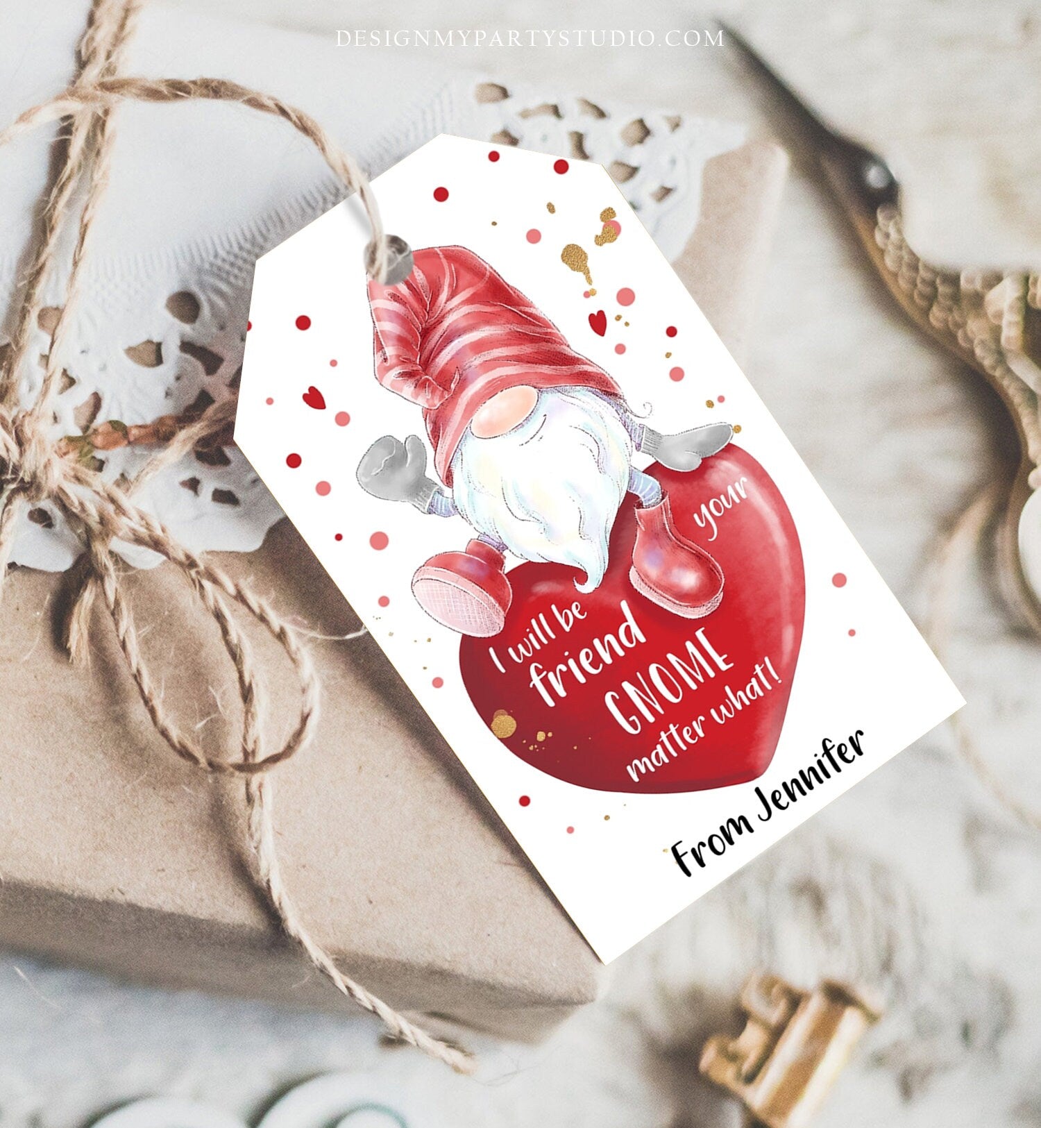 Editable Gnome Valentine Tag Valentine Cards for Kids School Valentine Class Valentine's Day Instant Download Printable Template Corjl 0370