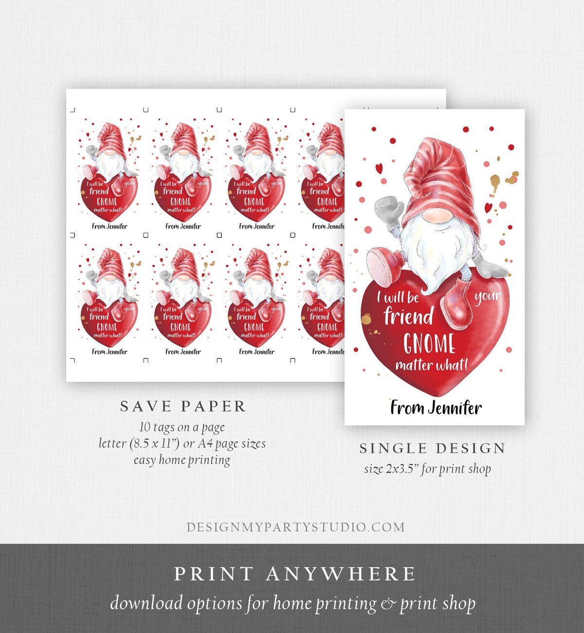 Editable Gnome Valentine Tag Valentine Cards for Kids School Valentine Class Valentine&#39;s Day Instant Download Printable Template Corjl 0370