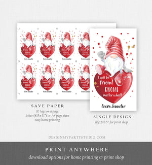 Editable Gnome Valentine Tag Valentine Cards for Kids School Valentine Class Valentine's Day Instant Download Printable Template Corjl 0370