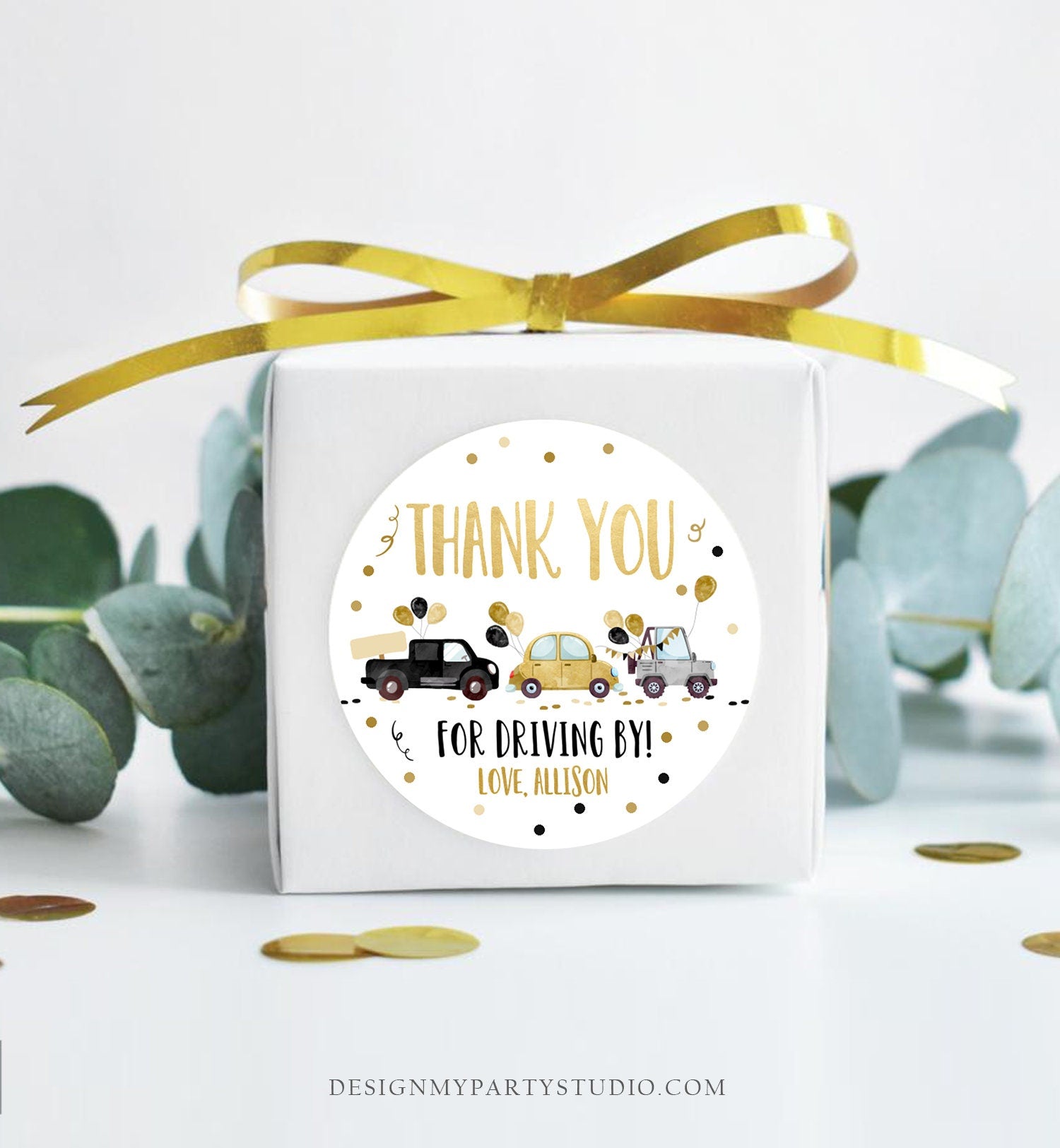Editable Drive By Favor Tag Drive Through Birthday Parade Thank You Gift Tags Quarantine Gold Yellow Baby Shower Corjl Template 0337