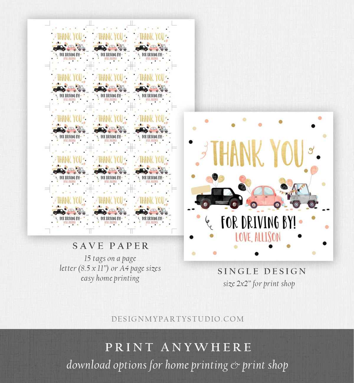 Editable Drive By Favor Tag Drive Through Birthday Parade Thank You Gift Tags Quarantine Gold Coral Coral Cars Valentine Corjl Template 0337