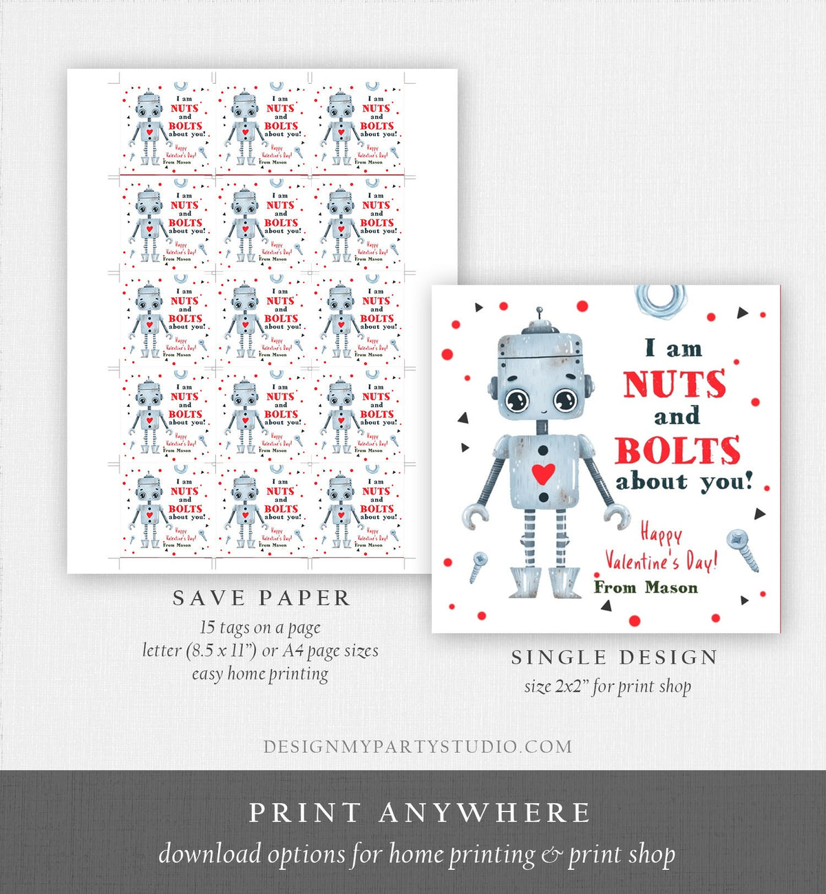 Editable Valentine&#39;s Day Card for Kids Robot Valentines Tag Cookie Tag Nuts and Bolts Sticker Printable Personalized Digital PRINTABLE 0370
