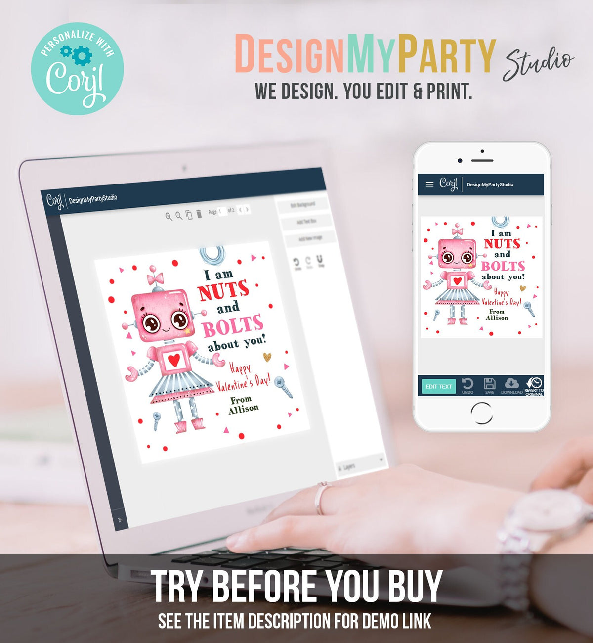 Editable Valentine&#39;s Day Card for Kids Robot Valentines Tag Cookie Tag Nuts and Bolts Sticker Printable Personalized Digital PRINTABLE 0370