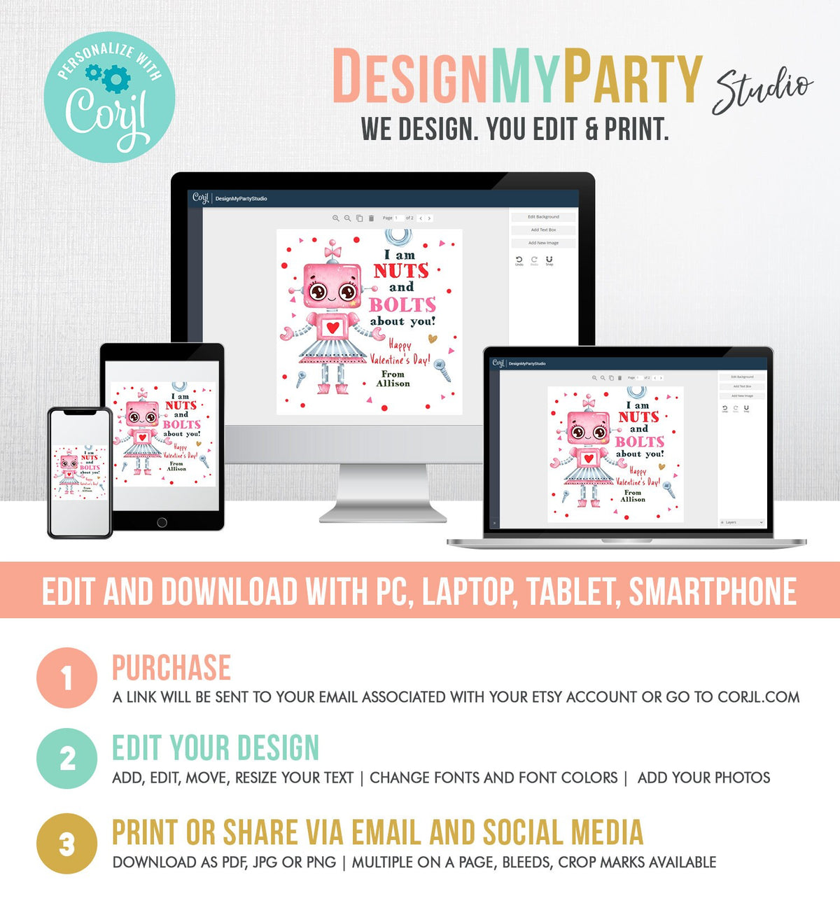 Editable Valentine&#39;s Day Card for Kids Robot Valentines Tag Cookie Tag Nuts and Bolts Sticker Printable Personalized Digital PRINTABLE 0370