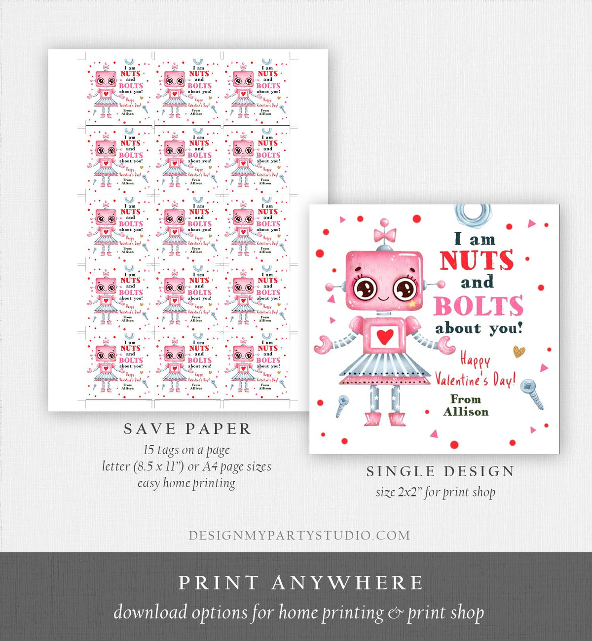 Editable Valentine&#39;s Day Card for Kids Robot Valentines Tag Cookie Tag Nuts and Bolts Sticker Printable Personalized Digital PRINTABLE 0370