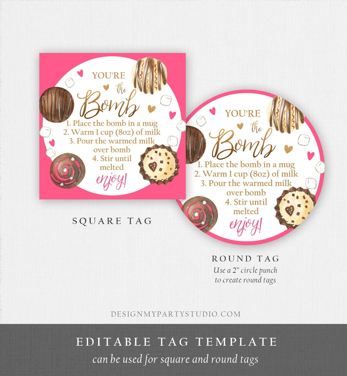 Editable Hot Chocolate Bomb Tags Bomb Instructions Valentine Hot Cocoa Bomb Favor Tags Valentine Gift You&#39;re The Bomb Digital PRINTABLE 0370