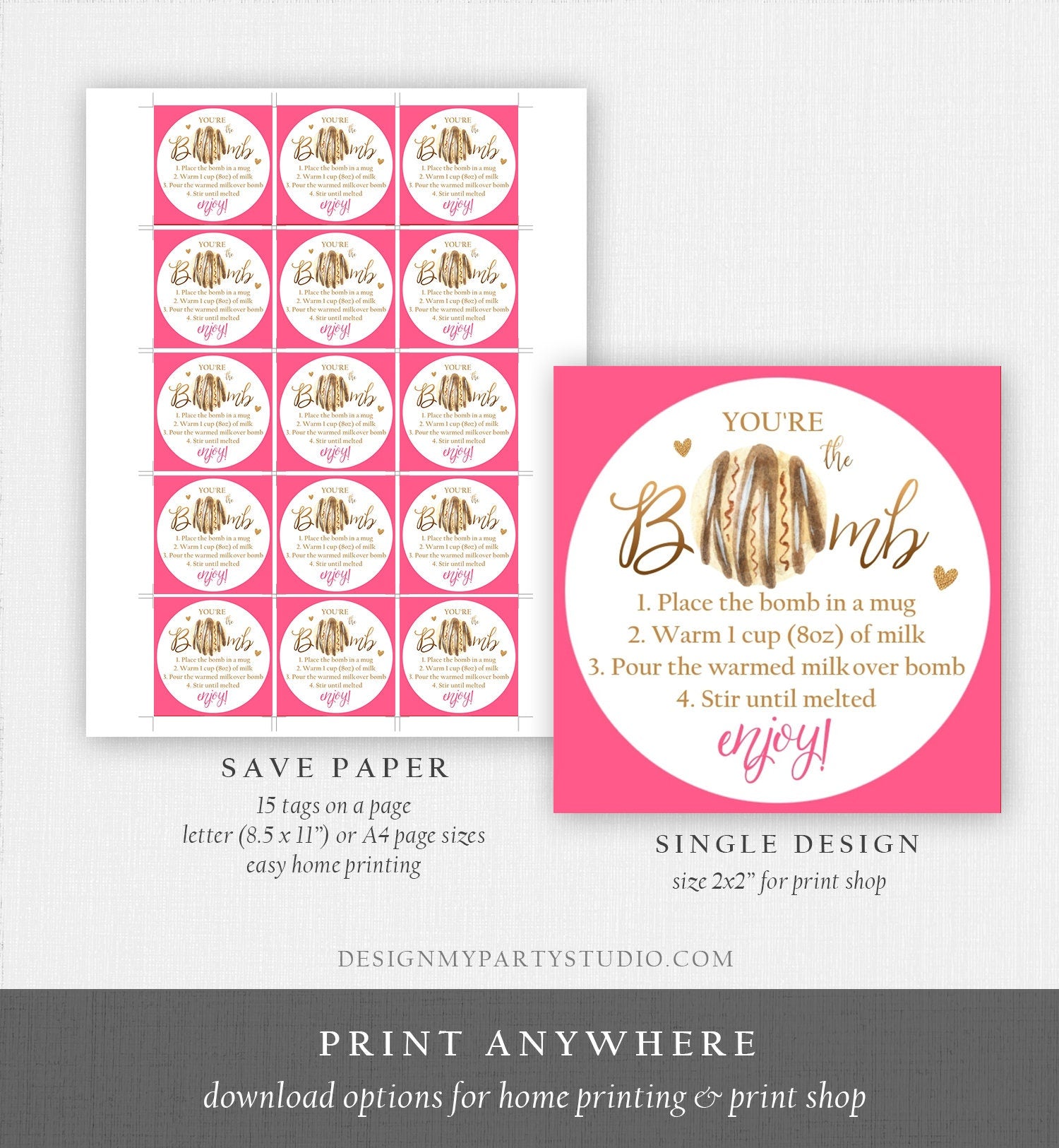 Editable Hot Chocolate Bomb Tags Bomb Instructions Valentine Hot Cocoa Bomb Favor Tags Valentine Gift You're The Bomb Digital PRINTABLE 0370