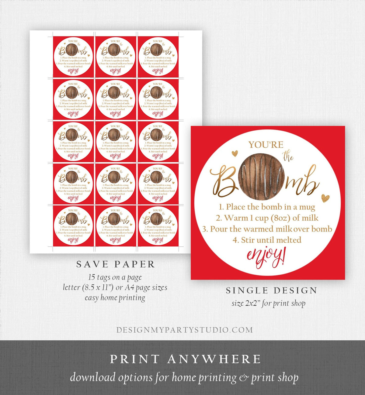 Editable Hot Chocolate Bomb Tags Bomb Instructions Valentine Hot Cocoa Bomb Favor Tags Valentine Gift You&#39;re The Bomb Digital PRINTABLE 0370