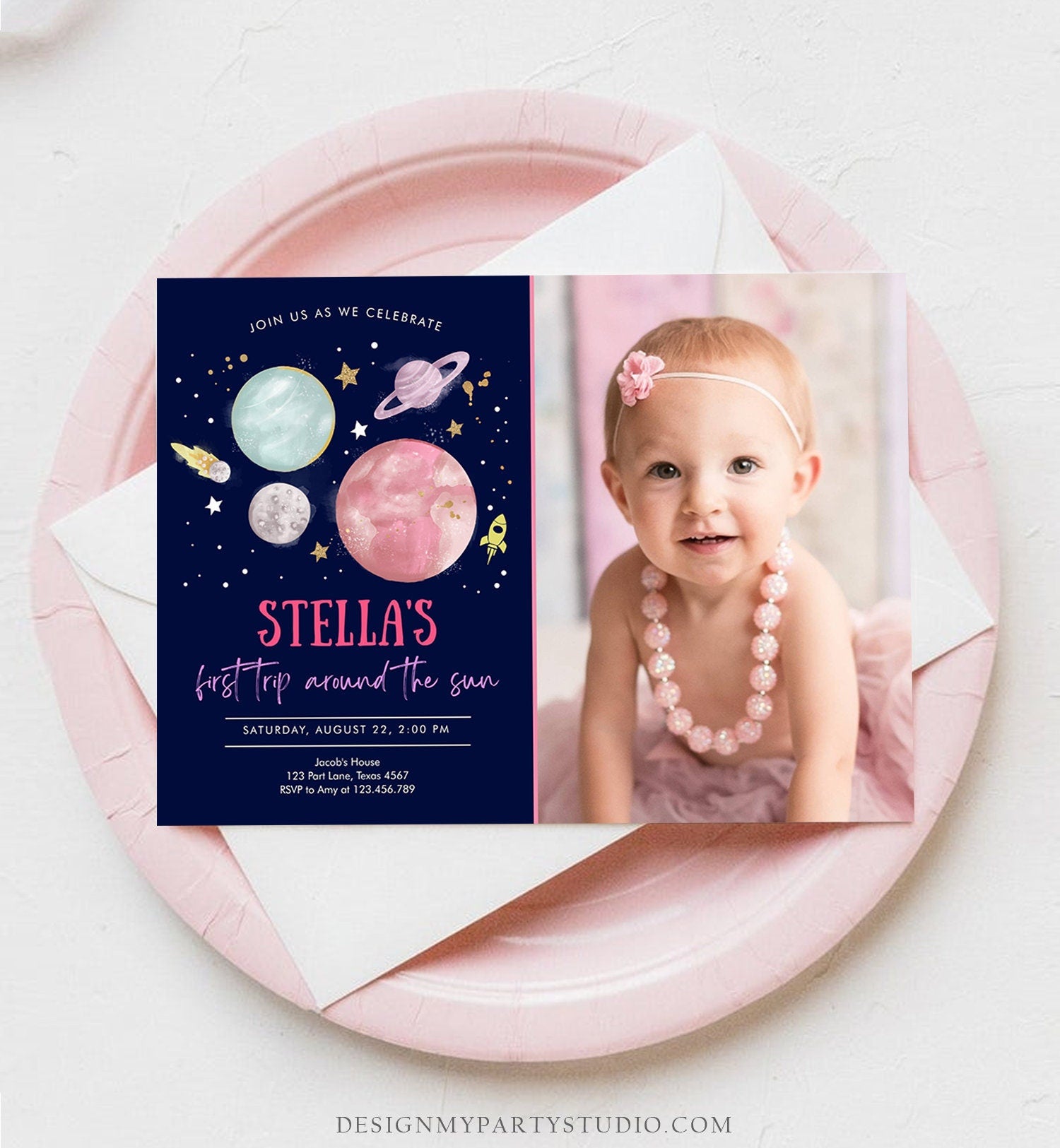 Editable Outer Space Girl First Birthday Invitation Galaxy Blast Off First Trip Around the Sun Pink Download Printable Template Corjl 0357