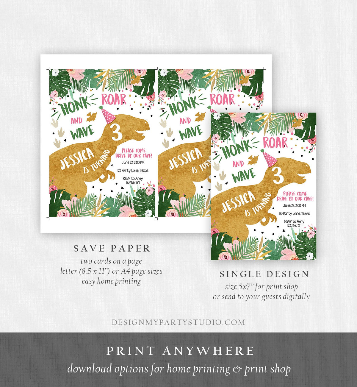 Editable Dinosaur Drive By Birthday Parade Invitation Virtual Party Invite Honk Car Girl Dino T-Rex Quarantine Download Digital Corjl 0146