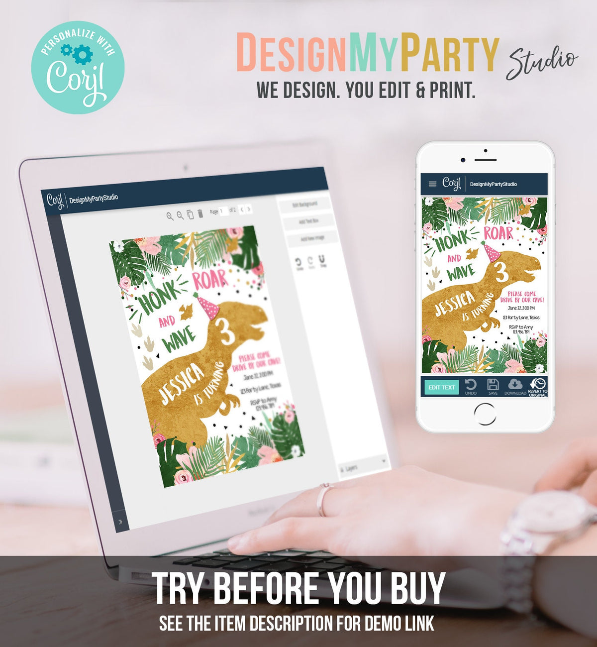 Editable Dinosaur Drive By Birthday Parade Invitation Virtual Party Invite Honk Car Girl Dino T-Rex Quarantine Download Digital Corjl 0146