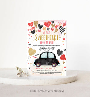 Editable Drive By Sweetheart Baby Shower Invitation Valentine Black Gold Hearts Drive Through Red Heart Car Corjl Template Printable 0371