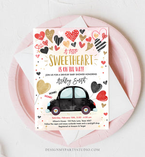 Editable Drive By Sweetheart Baby Shower Invitation Valentine Black Gold Hearts Drive Through Red Heart Car Corjl Template Printable 0371