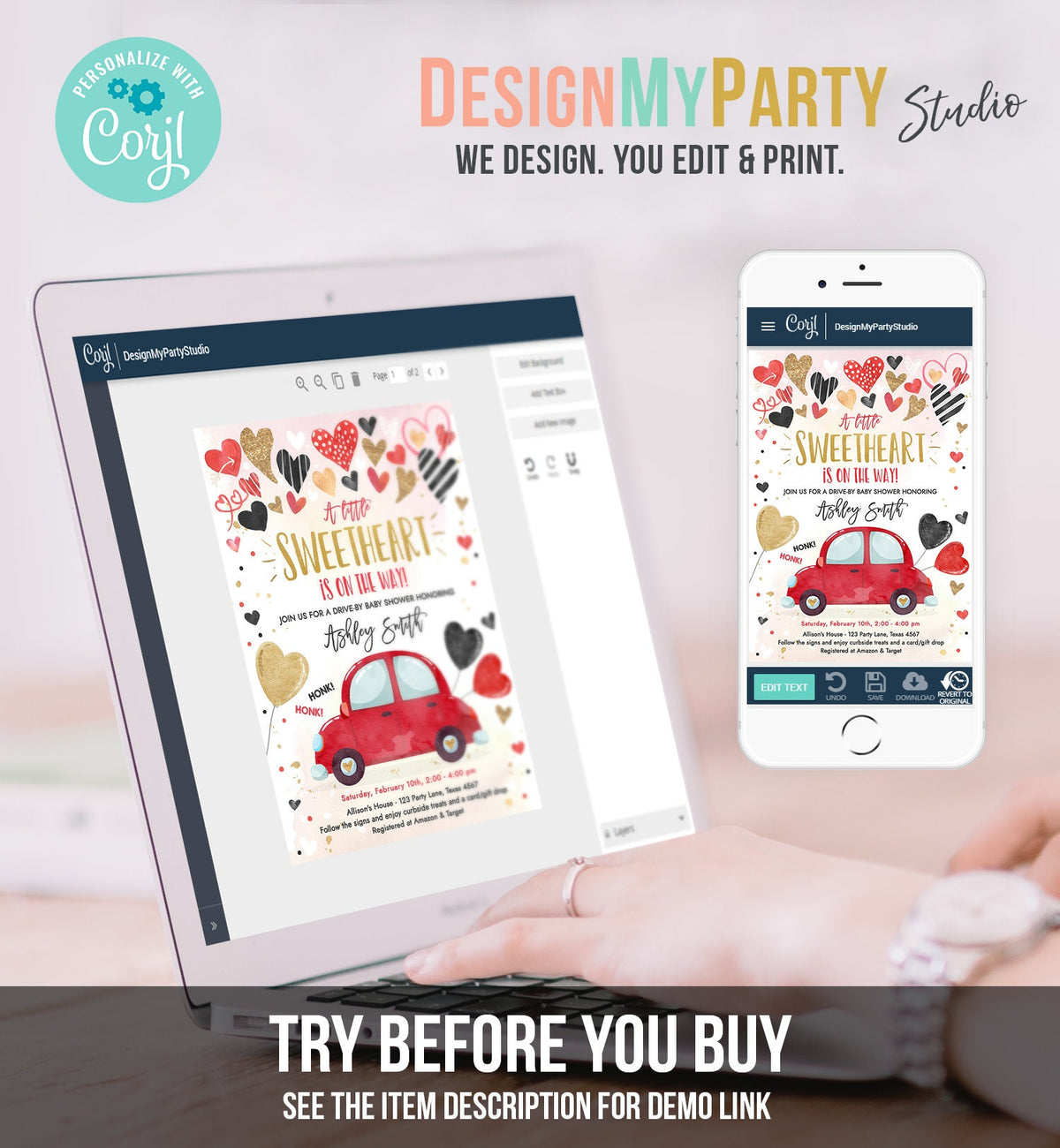 Editable Drive By Sweetheart Baby Shower Invitation Valentine Black Gold Hearts Drive Through Red Heart Car Corjl Template Printable 0371