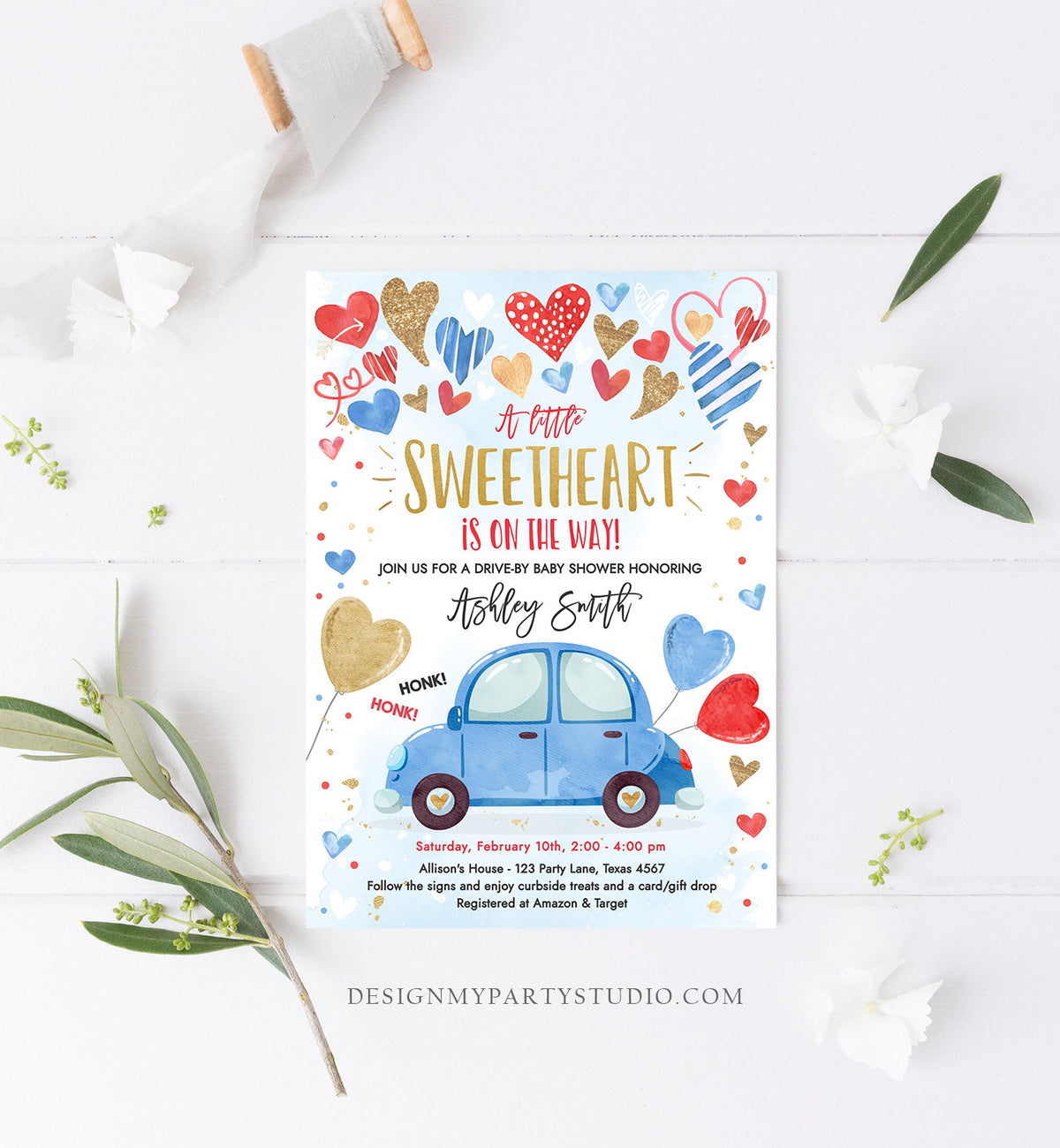 Editable Drive By Sweetheart Baby Shower Invitation Valentine Blue Gold Hearts Drive Through Red Heart Car Corjl Template Printable 0371