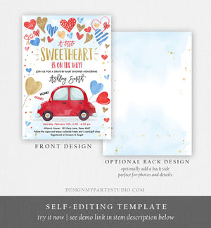Editable Drive By Sweetheart Baby Shower Invitation Valentine Blue Gold Hearts Drive Through Red Heart Car Corjl Template Printable 0371
