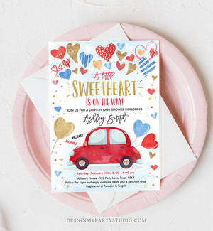 Editable Drive By Sweetheart Baby Shower Invitation Valentine Blue Gold Hearts Drive Through Red Heart Car Corjl Template Printable 0371