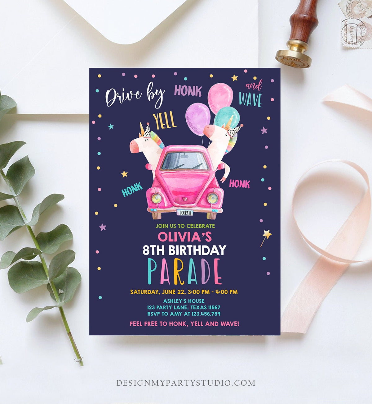 Editable Unicorn Drive By Birthday Parade Invitation Virtual Party Invite Honk Wave Car Girl Pink Quarantine Download Digital Corjl 0336