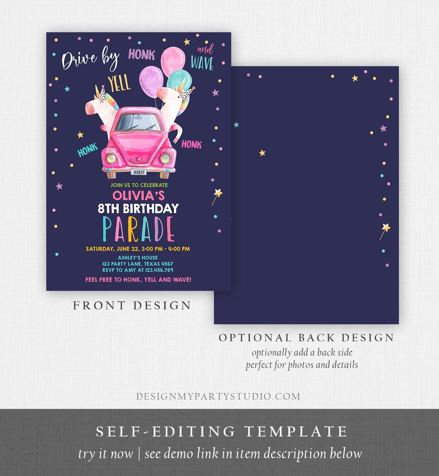 Editable Unicorn Drive By Birthday Parade Invitation Virtual Party Invite Honk Wave Car Girl Pink Quarantine Download Digital Corjl 0336