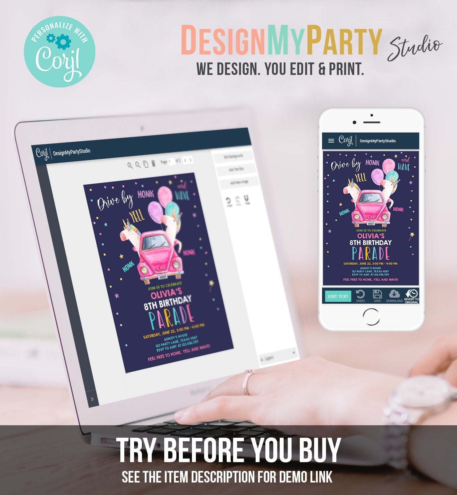 Editable Unicorn Drive By Birthday Parade Invitation Virtual Party Invite Honk Wave Car Girl Pink Quarantine Download Digital Corjl 0336