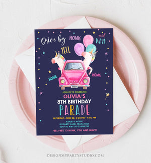 Editable Unicorn Drive By Birthday Parade Invitation Virtual Party Invite Honk Wave Car Girl Pink Quarantine Download Digital Corjl 0336