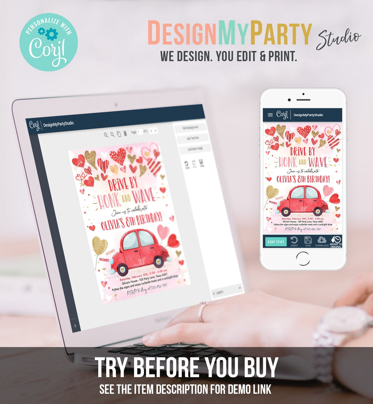 Editable Drive By Birthday Invitation Valentine Sweetheart Pink Gold Hearts Drive Through Red Heart Car Corjl Template Printable 0371