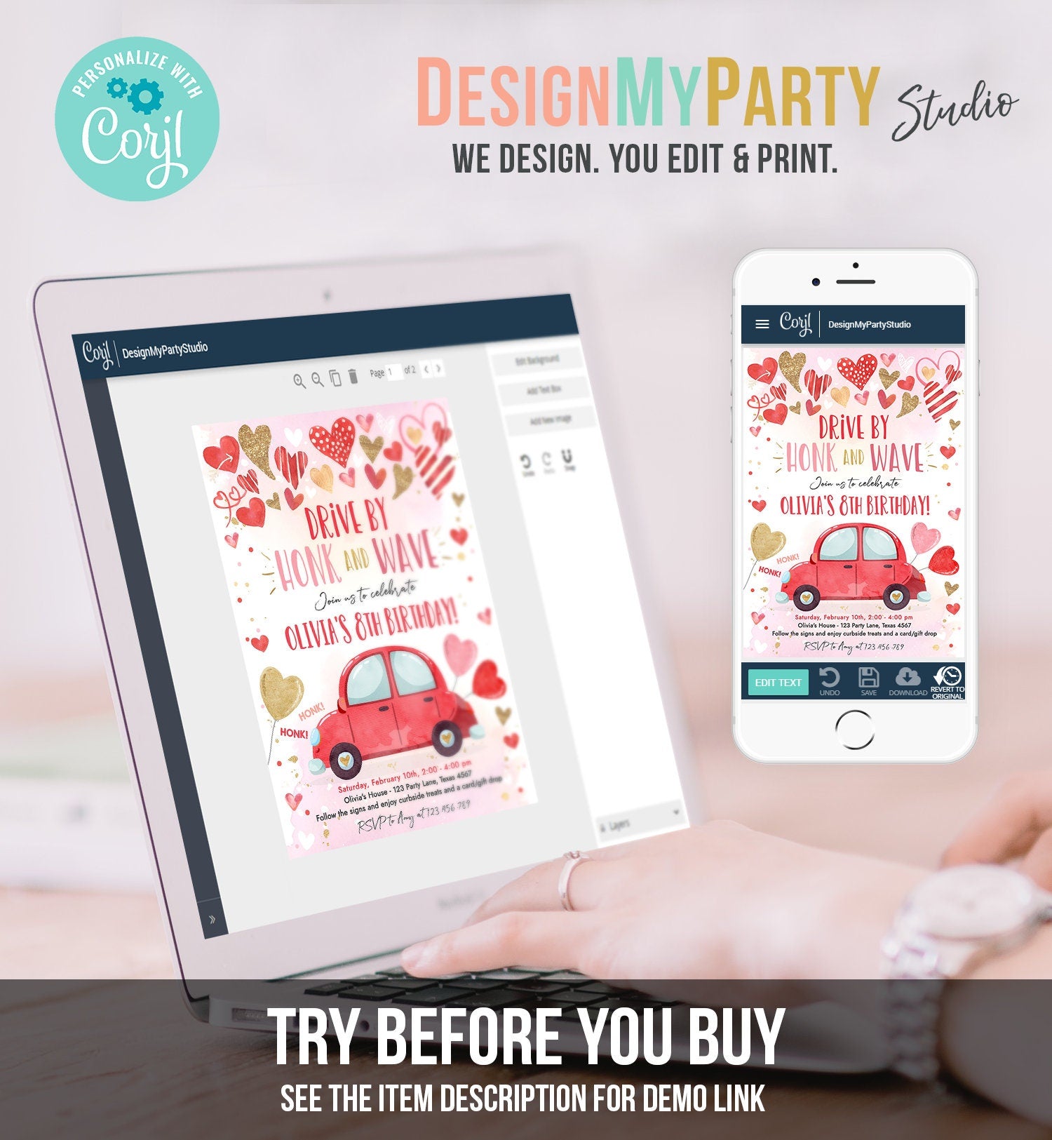 Editable Drive By Birthday Invitation Valentine Sweetheart Pink Gold Hearts Drive Through Red Heart Car Corjl Template Printable 0371
