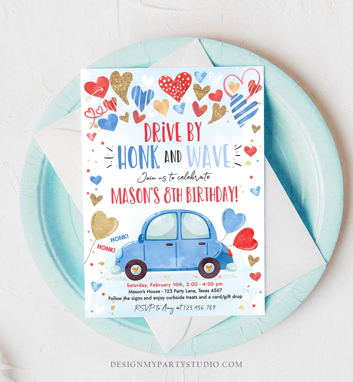 Editable Drive By Birthday Invitation Valentine Sweetheart Blue Gold Hearts Drive Through Red Heart Car Corjl Template Printable 0371