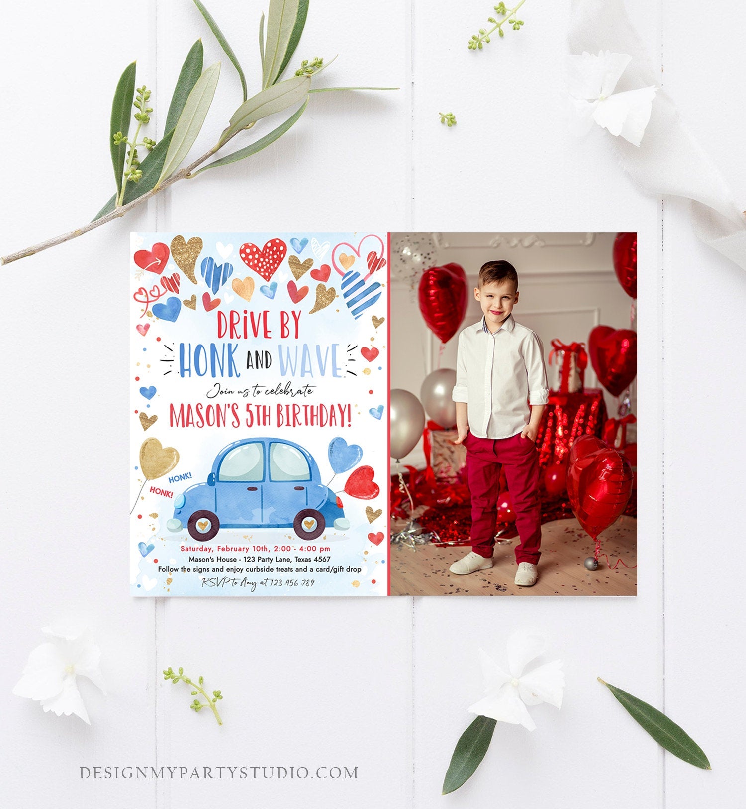 Editable Drive By Birthday Invitation Valentine Sweetheart Blue Gold Hearts Drive Through Red Heart Car Corjl Template Printable 0371