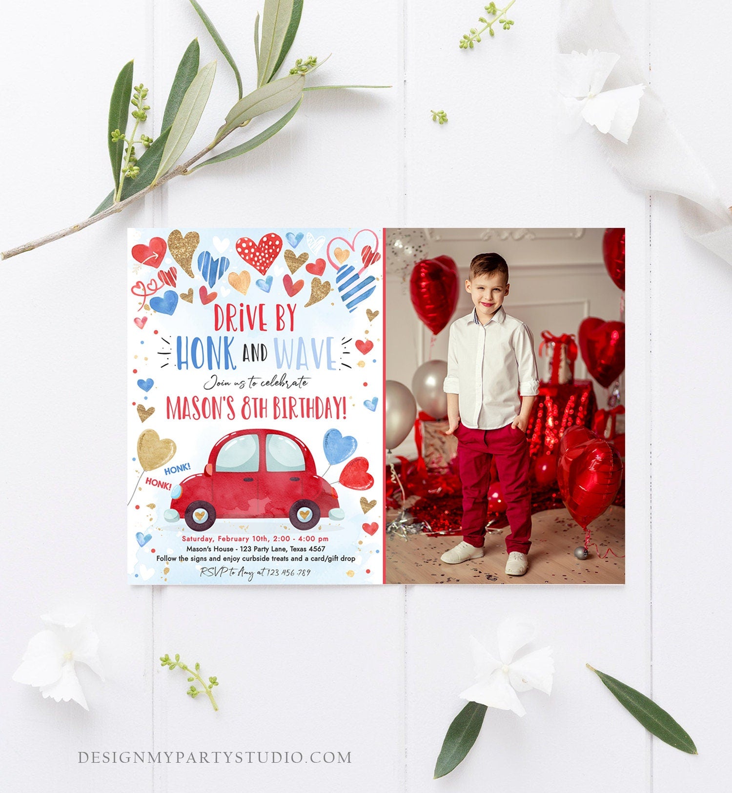 Editable Drive By Birthday Invitation Valentine Sweetheart Blue Gold Hearts Drive Through Red Heart Car Corjl Template Printable 0371