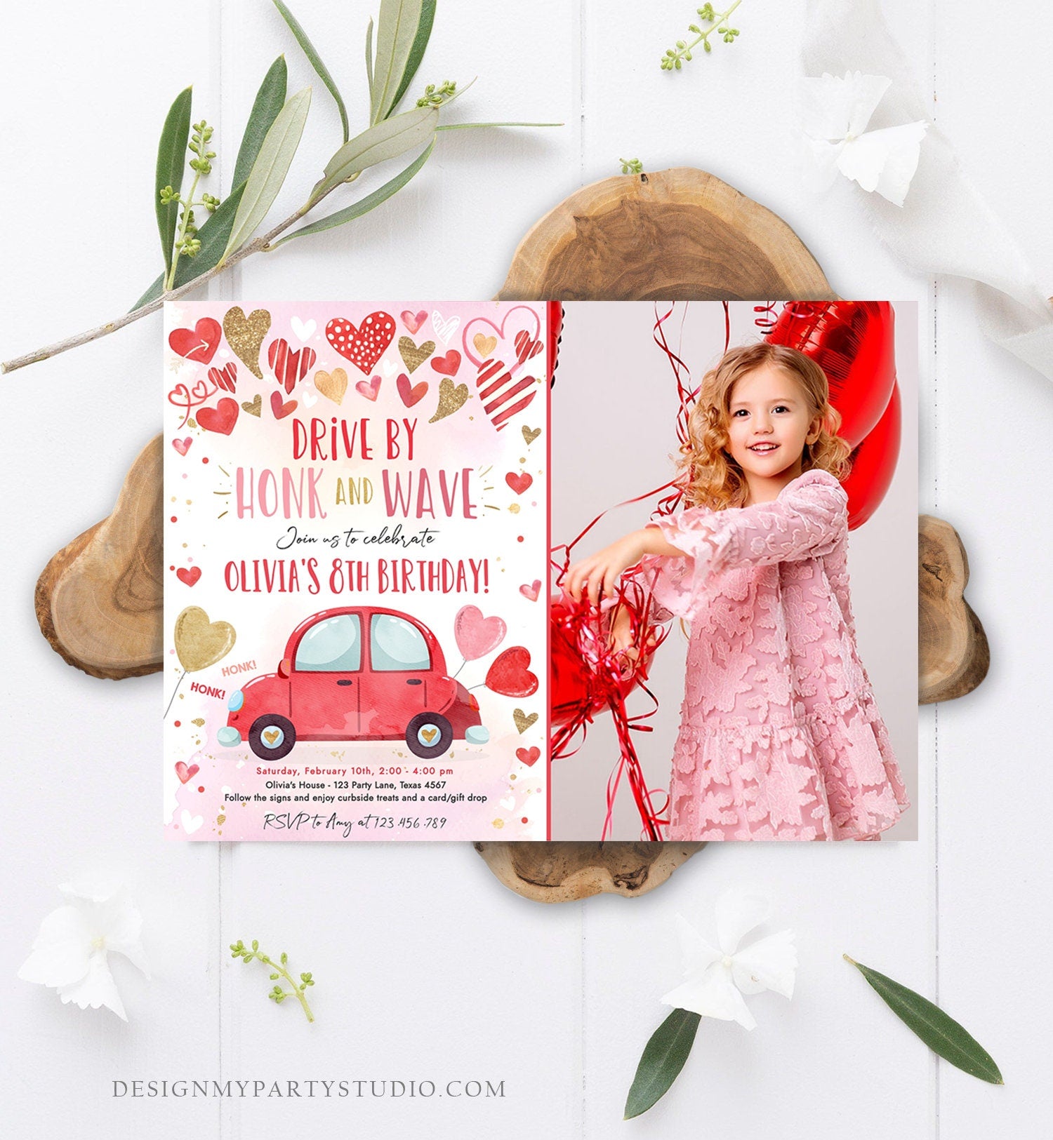 Editable Drive By Birthday Invitation Valentine Sweetheart Pink Gold Hearts Drive Through Red Heart Car Corjl Template Printable 0371