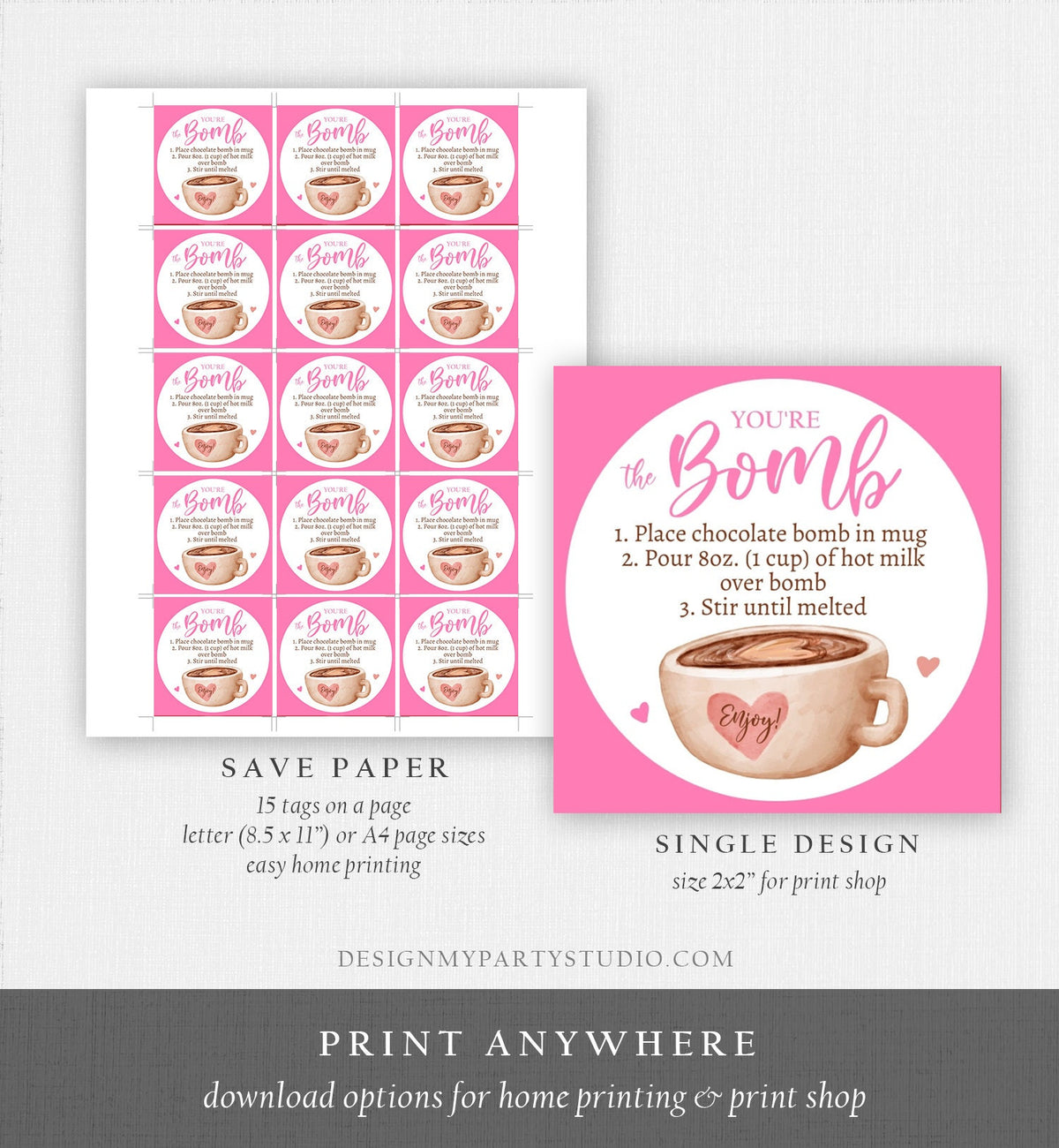 Editable Valentine Hot Chocolate Bomb Tags Bomb Instructions Hot Cocoa Bomb Favor Tags Valentine Gift You&#39;re The Bomb Digital PRINTABLE 0370